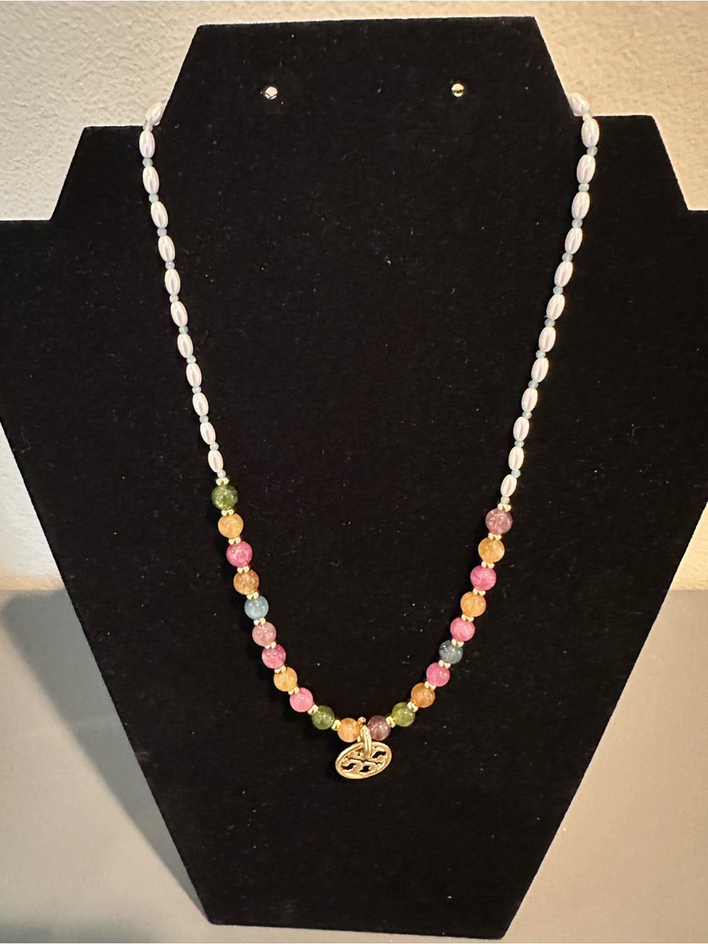 Tory Burch Multicolor Beaded Necklace with Gold Logo Charm